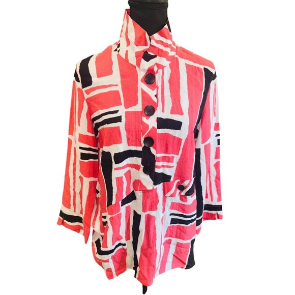 Ali Miles Abstract Button Front Tunic Top S Red/Black/White Travel Casual Artsy - Picture 1 of 9